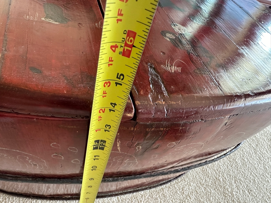 Antique Chinese Hand Painted Red Lacquer Wooden Wedding Box Basket Trunk 29W X 19D X 14.5H [Photo 20]