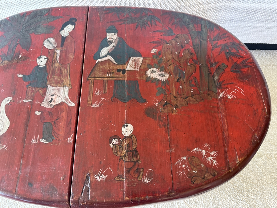 Antique Chinese Hand Painted Red Lacquer Wooden Wedding Box Basket Trunk 29W X 19D X 14.5H [Photo 6]