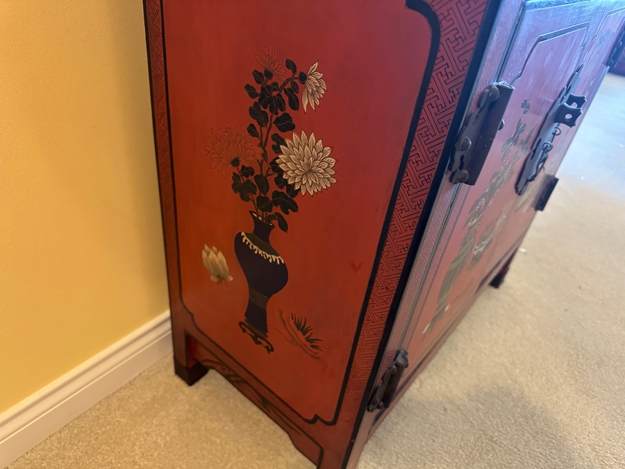 Vintage Chinese Red Lacquer Wooden Hand Painted Alter Cabinet 25W X 12D X 37H [Photo 14]