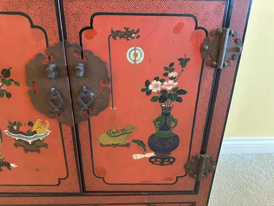 Vintage Chinese Red Lacquer Wooden Hand Painted Alter Cabinet 25W X 12D X 37H [Photo 6]