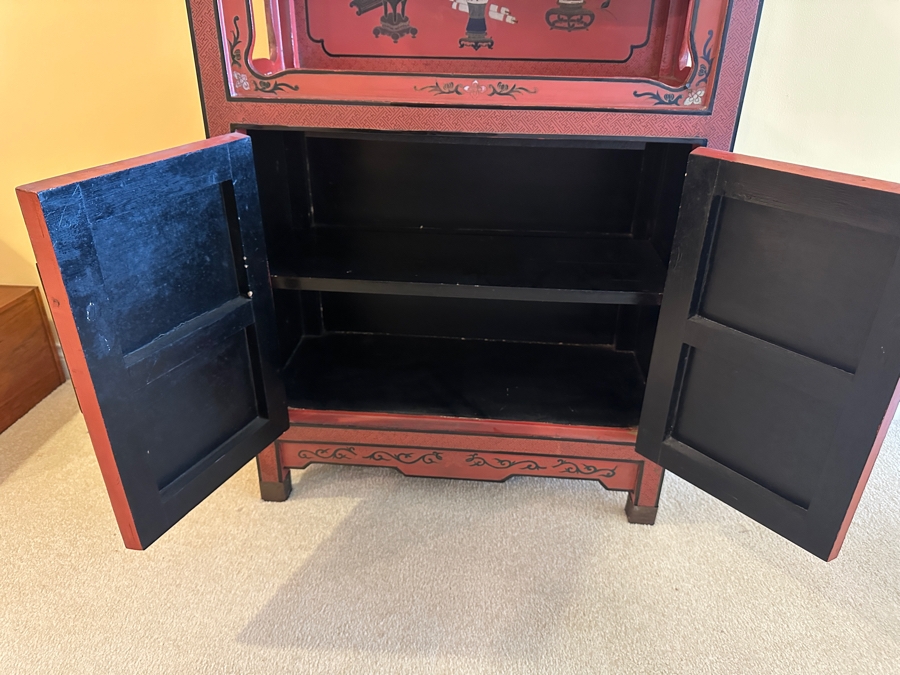 Vintage Chinese Red Lacquer Wooden Hand Painted Alter Cabinet 25W X 12D X 37H [Photo 18]