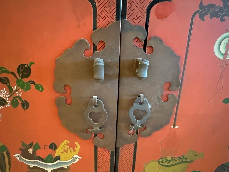 Vintage Chinese Red Lacquer Wooden Hand Painted Alter Cabinet 25W X 12D X 37H [Photo 8]