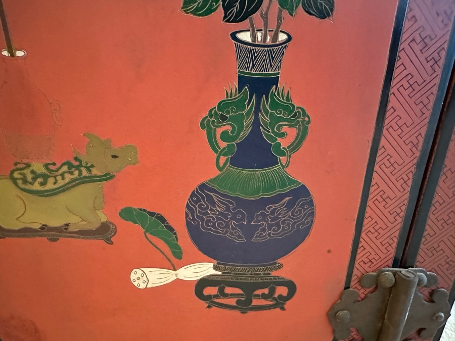 Vintage Chinese Red Lacquer Wooden Hand Painted Alter Cabinet 25W X 12D X 37H [Photo 7]