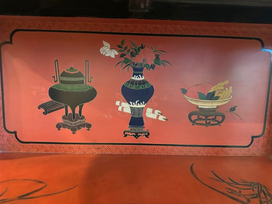 Vintage Chinese Red Lacquer Wooden Hand Painted Alter Cabinet 25W X 12D X 37H [Photo 4]