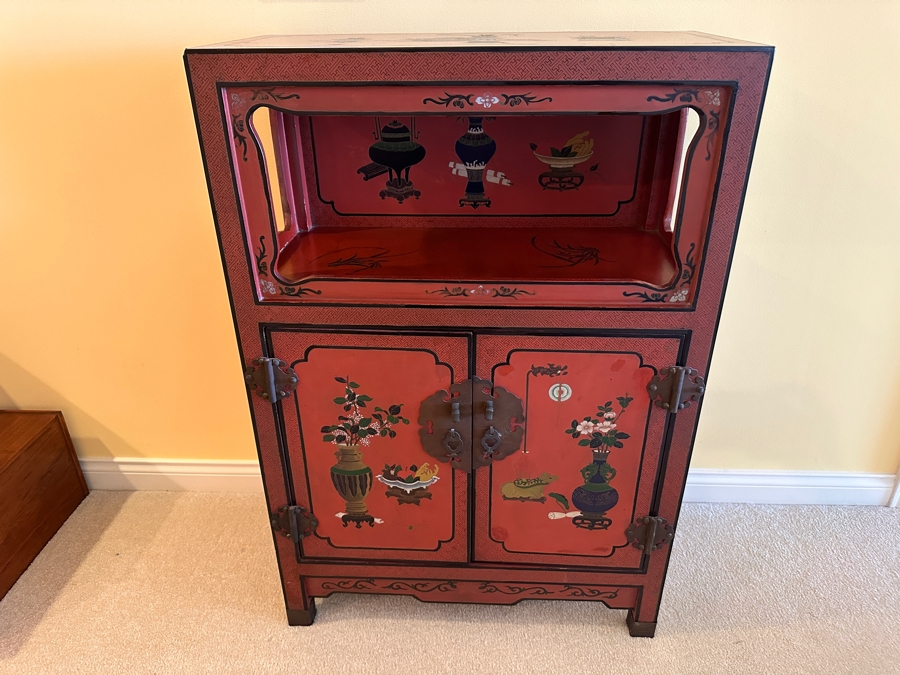 Vintage Chinese Red Lacquer Wooden Hand Painted Alter Cabinet 25W X 12D X 37H [Photo 1]