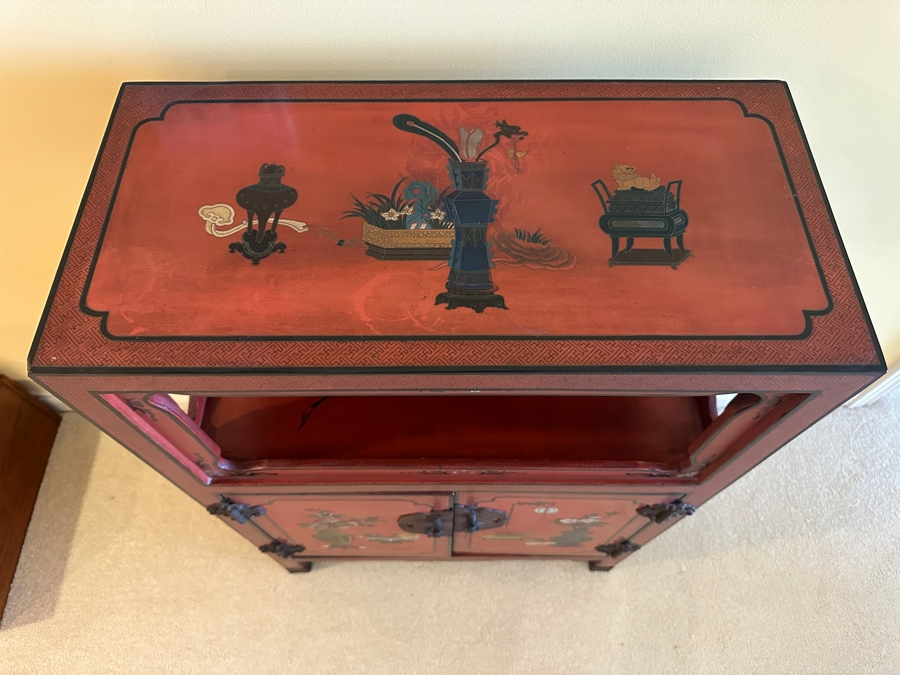 Vintage Chinese Red Lacquer Wooden Hand Painted Alter Cabinet 25W X 12D X 37H [Photo 10]