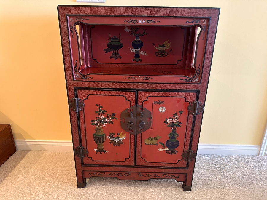 Vintage Chinese Red Lacquer Wooden Hand Painted Alter Cabinet 25W X 12D X 37H [Photo 2]