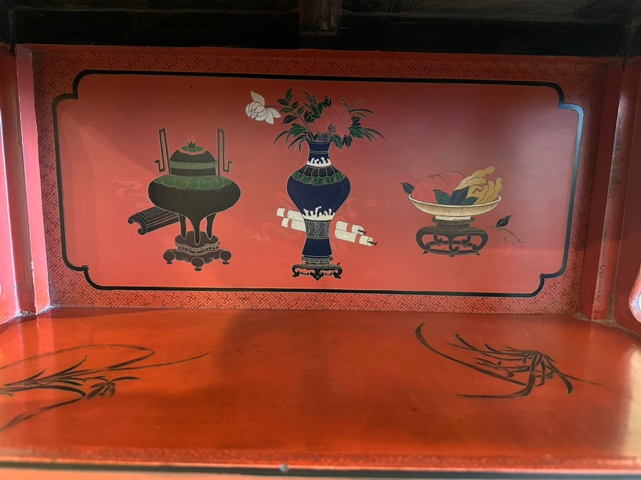Vintage Chinese Red Lacquer Wooden Hand Painted Alter Cabinet 25W X 12D X 37H [Photo 3]