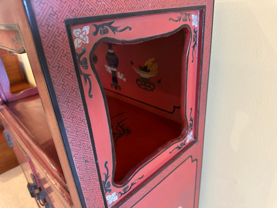 Vintage Chinese Red Lacquer Wooden Hand Painted Alter Cabinet 25W X 12D X 37H [Photo 16]