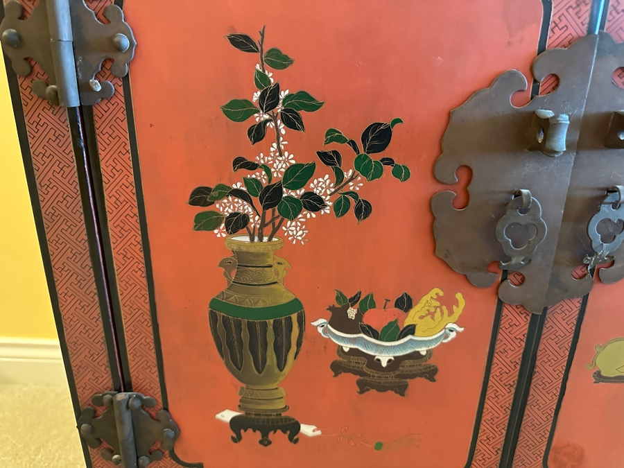Vintage Chinese Red Lacquer Wooden Hand Painted Alter Cabinet 25W X 12D X 37H [Photo 9]