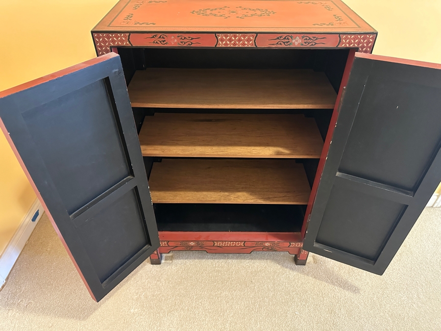 Vintage Chinese Red Lacquer Wooden Hand Painted Cabinet 25.5W X 12D X 37H [Photo 16]