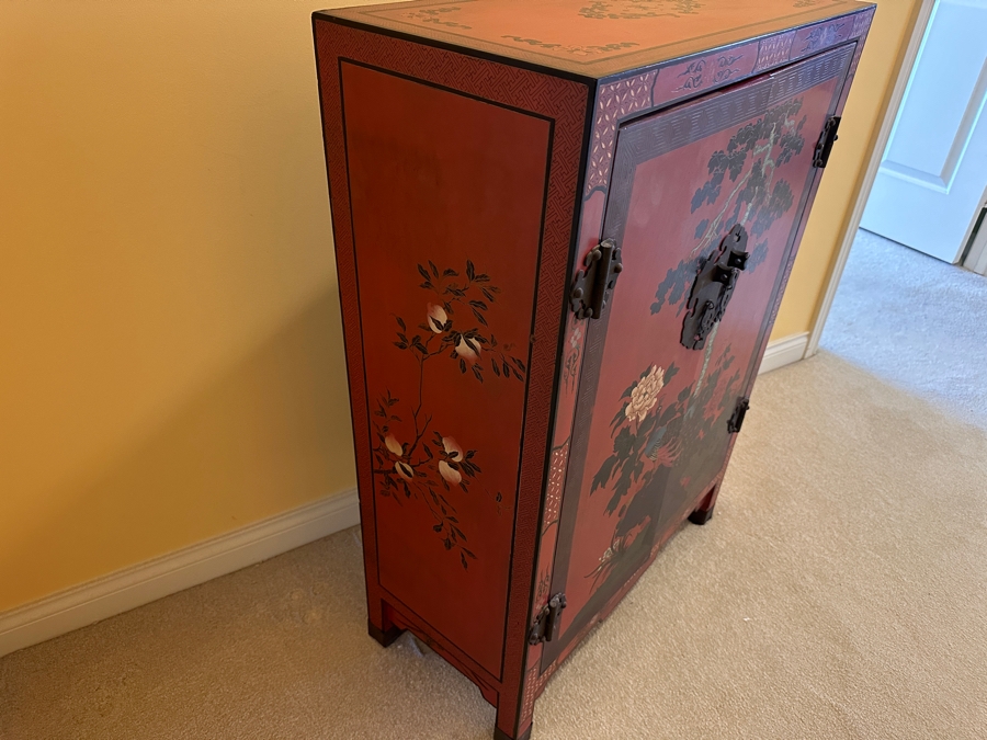 Vintage Chinese Red Lacquer Wooden Hand Painted Cabinet 25.5W X 12D X 37H [Photo 12]