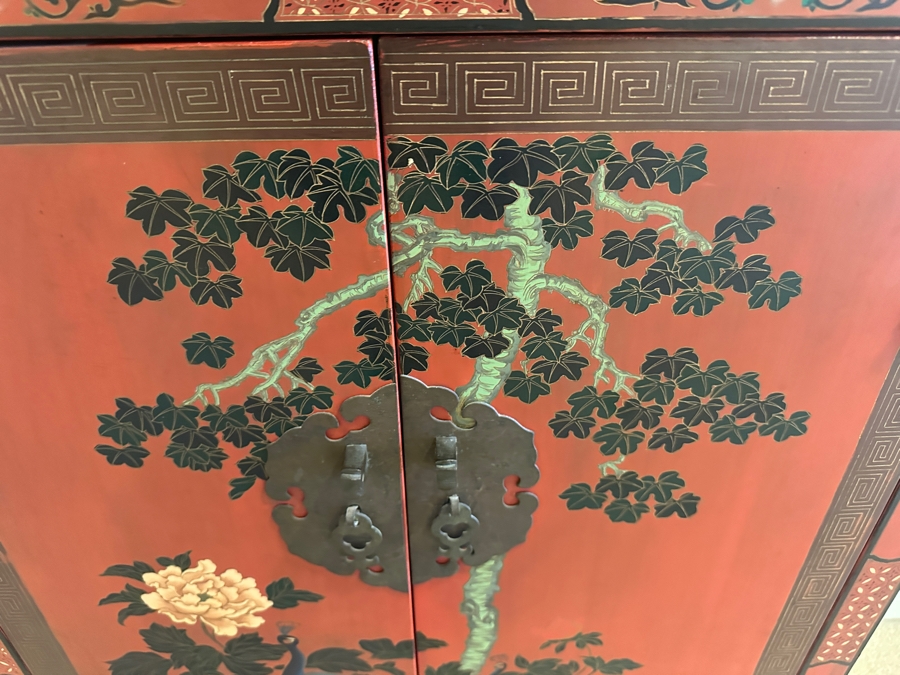 Vintage Chinese Red Lacquer Wooden Hand Painted Cabinet 25.5W X 12D X 37H [Photo 21]