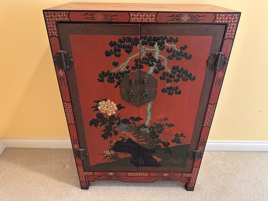 Vintage Chinese Red Lacquer Wooden Hand Painted Cabinet 25.5W X 12D X 37H [Photo 2]
