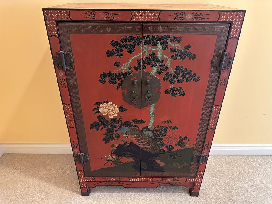 Vintage Chinese Red Lacquer Wooden Hand Painted Cabinet 25.5W X 12D X 37H [Photo 1]