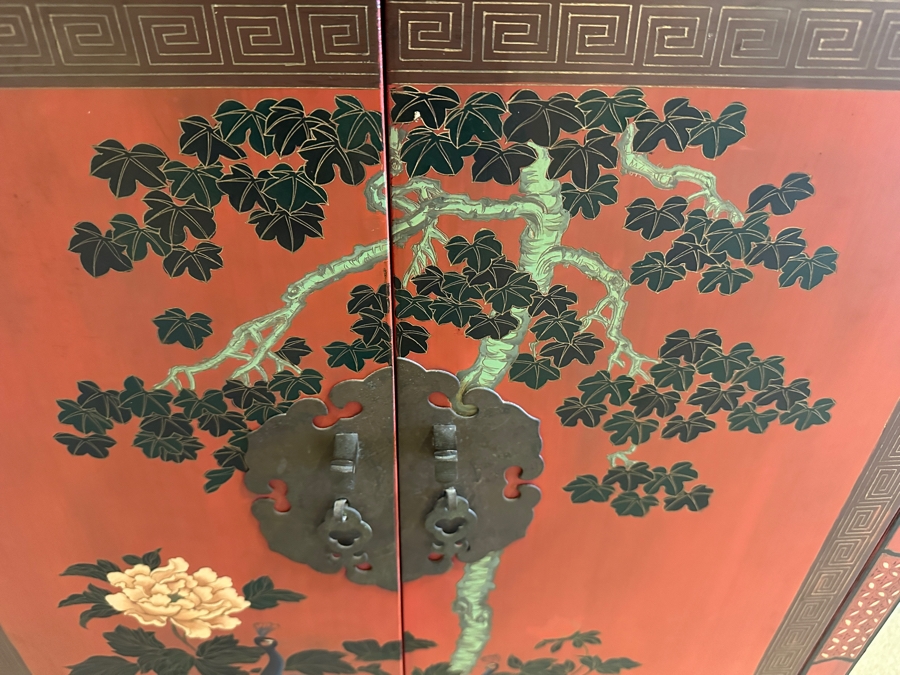 Vintage Chinese Red Lacquer Wooden Hand Painted Cabinet 25.5W X 12D X 37H [Photo 20]