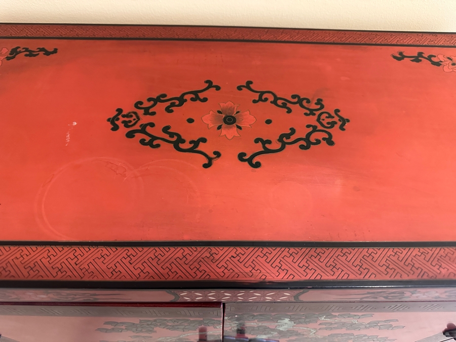 Vintage Chinese Red Lacquer Wooden Hand Painted Cabinet 25.5W X 12D X 37H [Photo 6]