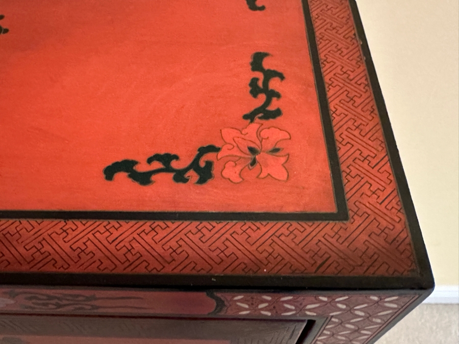 Vintage Chinese Red Lacquer Wooden Hand Painted Cabinet 25.5W X 12D X 37H [Photo 7]