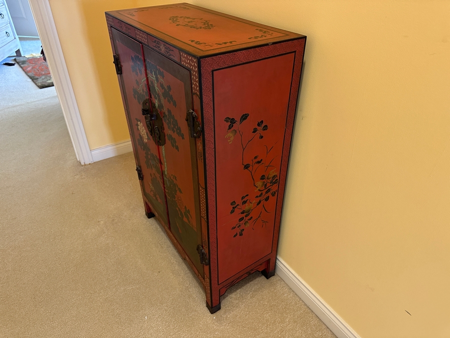 Vintage Chinese Red Lacquer Wooden Hand Painted Cabinet 25.5W X 12D X 37H [Photo 8]