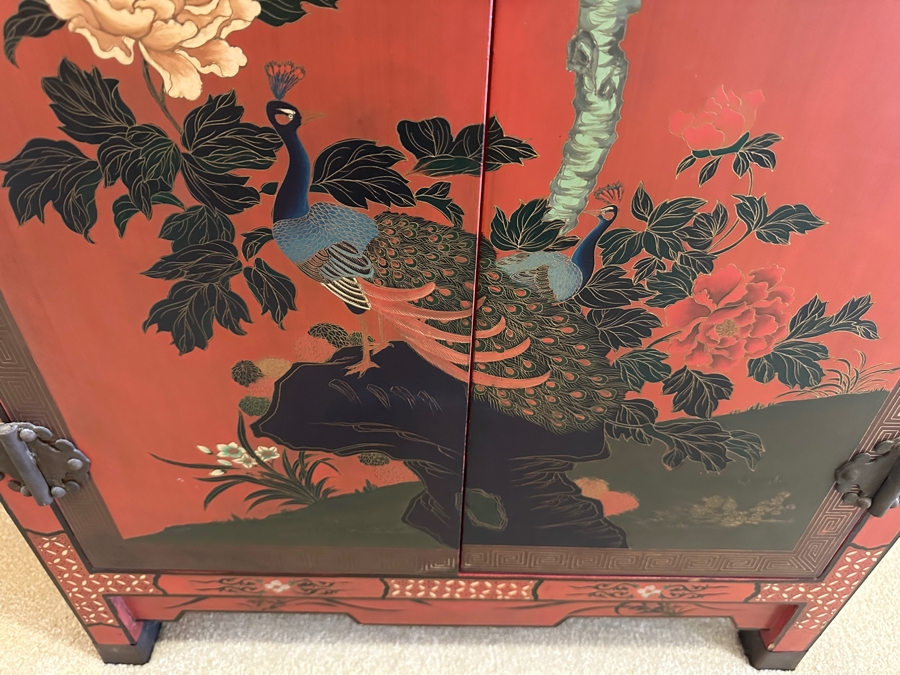 Vintage Chinese Red Lacquer Wooden Hand Painted Cabinet 25.5W X 12D X 37H [Photo 4]
