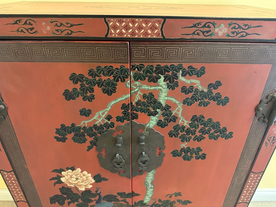 Vintage Chinese Red Lacquer Wooden Hand Painted Cabinet 25.5W X 12D X 37H [Photo 3]