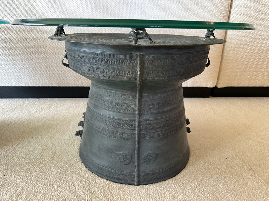 Pair Of Antique Burmese Karen Thai Bronze Metal Four Frog Rain Drum Drink Tables With Glass Tops 20W X 15.5H Glass Top Is 25.5W [Photo 4]