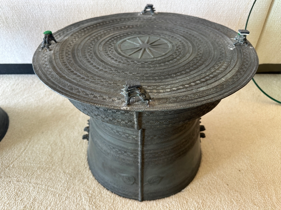 Pair Of Antique Burmese Karen Thai Bronze Metal Four Frog Rain Drum Drink Tables With Glass Tops 20W X 15.5H Glass Top Is 25.5W [Photo 2]