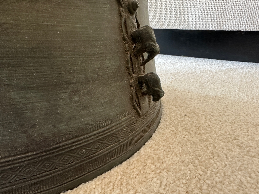 Pair Of Antique Burmese Karen Thai Bronze Metal Four Frog Rain Drum Drink Tables With Glass Tops 20W X 15.5H Glass Top Is 25.5W [Photo 14]