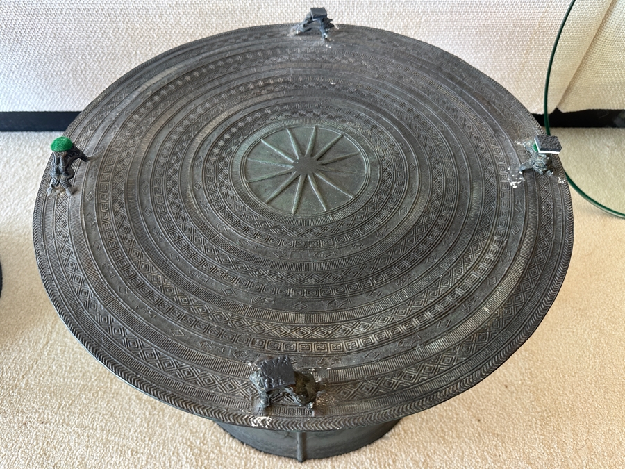 Pair Of Antique Burmese Karen Thai Bronze Metal Four Frog Rain Drum Drink Tables With Glass Tops 20W X 15.5H Glass Top Is 25.5W [Photo 8]
