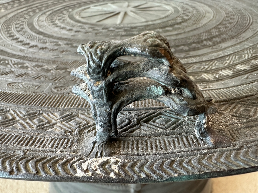 Pair Of Antique Burmese Karen Thai Bronze Metal Four Frog Rain Drum Drink Tables With Glass Tops 20W X 15.5H Glass Top Is 25.5W [Photo 7]