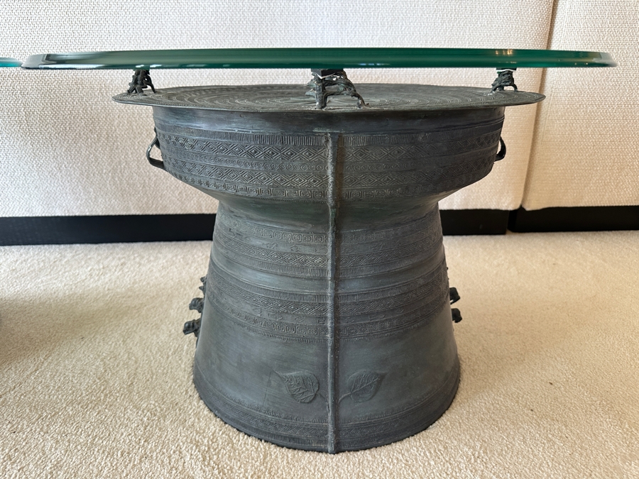 Pair Of Antique Burmese Karen Thai Bronze Metal Four Frog Rain Drum Drink Tables With Glass Tops 20W X 15.5H Glass Top Is 25.5W [Photo 5]