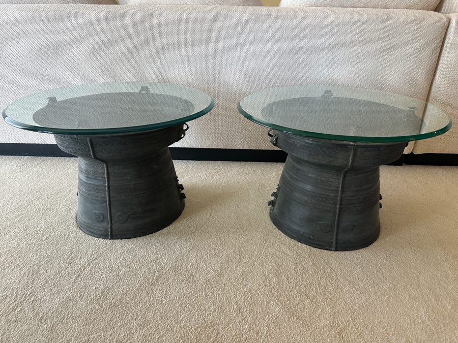 Pair Of Antique Burmese Karen Thai Bronze Metal Four Frog Rain Drum Drink Tables With Glass Tops 20W X 15.5H Glass Top Is 25.5W [Photo 3]