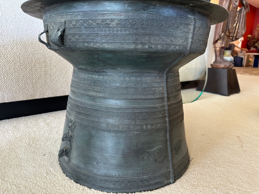 Pair Of Antique Burmese Karen Thai Bronze Metal Four Frog Rain Drum Drink Tables With Glass Tops 20W X 15.5H Glass Top Is 25.5W [Photo 16]