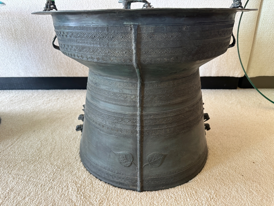 Pair Of Antique Burmese Karen Thai Bronze Metal Four Frog Rain Drum Drink Tables With Glass Tops 20W X 15.5H Glass Top Is 25.5W [Photo 11]