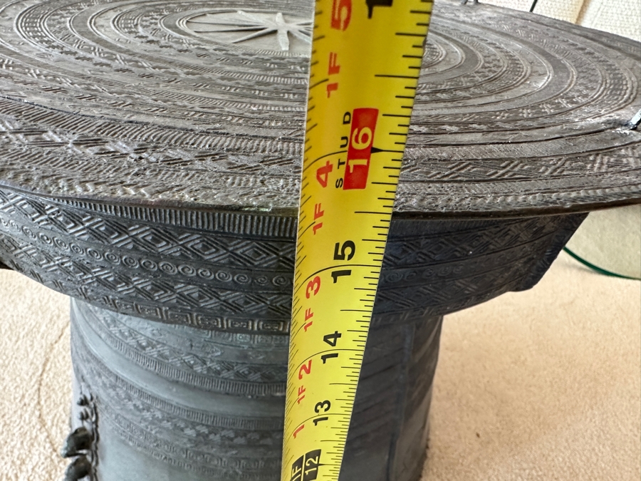 Pair Of Antique Burmese Karen Thai Bronze Metal Four Frog Rain Drum Drink Tables With Glass Tops 20W X 15.5H Glass Top Is 25.5W [Photo 21]