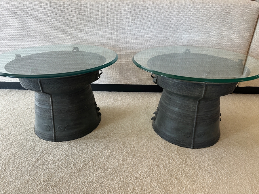 Pair Of Antique Burmese Karen Thai Bronze Metal Four Frog Rain Drum Drink Tables With Glass Tops 20W X 15.5H Glass Top Is 25.5W [Photo 1]