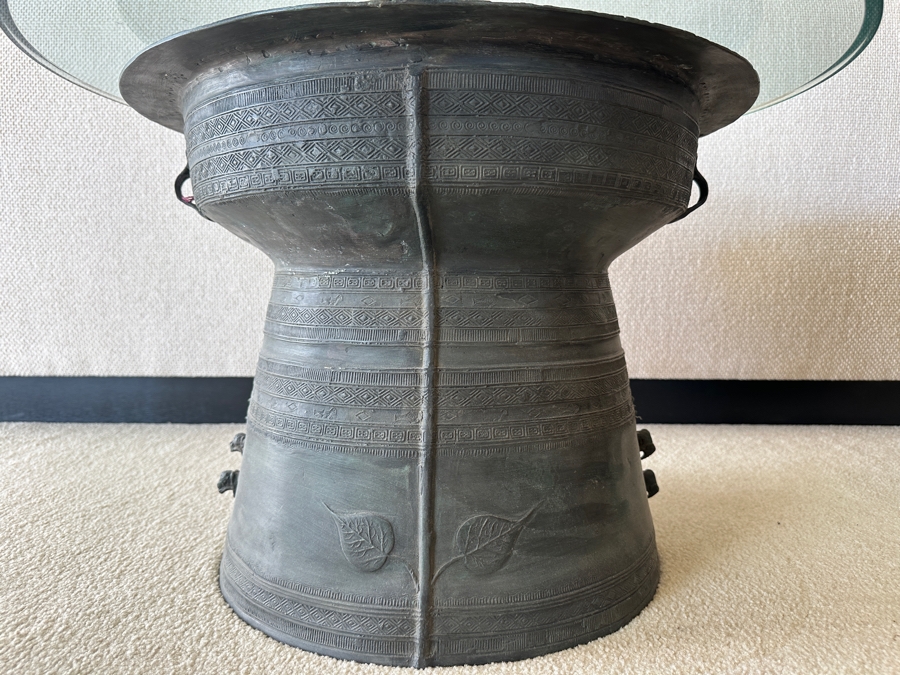 Pair Of Antique Burmese Karen Thai Bronze Metal Four Frog Rain Drum Drink Tables With Glass Tops 20W X 15.5H Glass Top Is 25.5W [Photo 17]