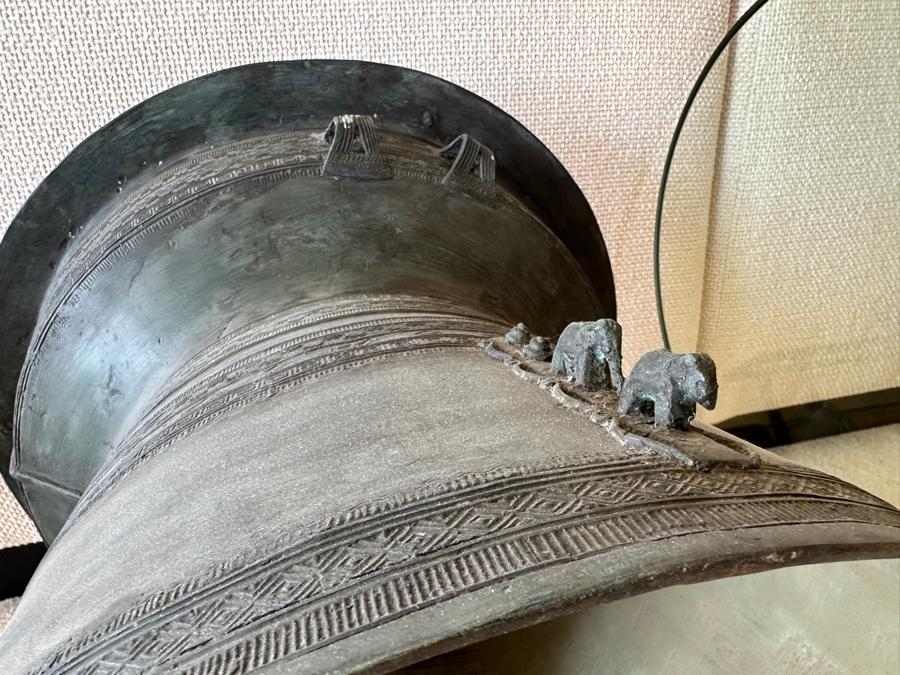 Pair Of Antique Burmese Karen Thai Bronze Metal Four Frog Rain Drum Drink Tables With Glass Tops 20W X 15.5H Glass Top Is 25.5W [Photo 18]