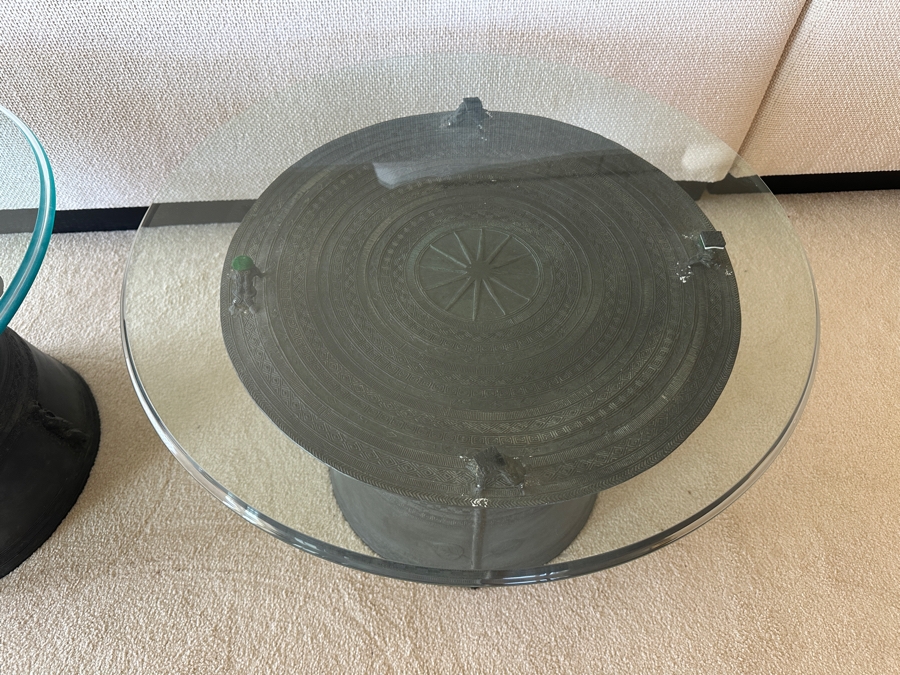 Pair Of Antique Burmese Karen Thai Bronze Metal Four Frog Rain Drum Drink Tables With Glass Tops 20W X 15.5H Glass Top Is 25.5W [Photo 6]