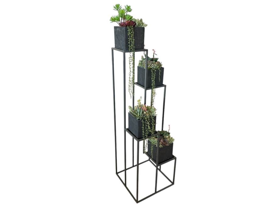 Crate & Barrel Charcoal Cube Planter With Artificial Succulents 16W X 16D X 59H [Photo 1]