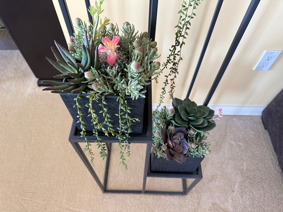 Crate & Barrel Charcoal Cube Planter With Artificial Succulents 16W X 16D X 59H [Photo 4]