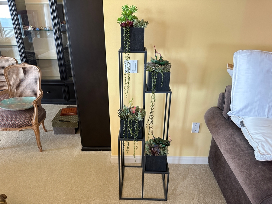 Crate & Barrel Charcoal Cube Planter With Artificial Succulents 16W X 16D X 59H [Photo 2]