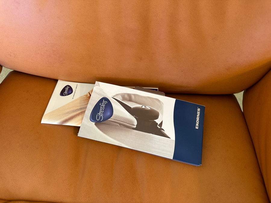 Scandinavian Stressless Leather Ekornes Armchair With Ottoman And Swing Table Retails $2,900 [Photo 3]