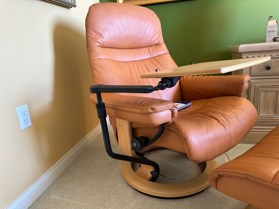 Scandinavian Stressless Leather Ekornes Armchair With Ottoman And Swing Table Retails $2,900 [Photo 5]