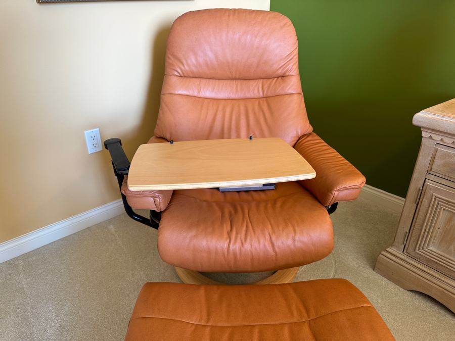 Scandinavian Stressless Leather Ekornes Armchair With Ottoman And Swing Table Retails $2,900 [Photo 4]