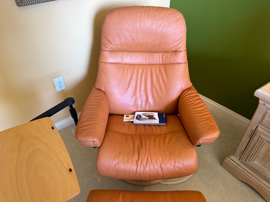 Scandinavian Stressless Leather Ekornes Armchair With Ottoman And Swing Table Retails $2,900 [Photo 2]