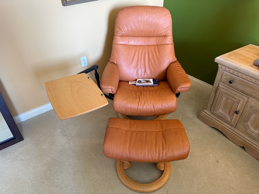Scandinavian Stressless Leather Ekornes Armchair With Ottoman And Swing Table Retails $2,900 [Photo 1]