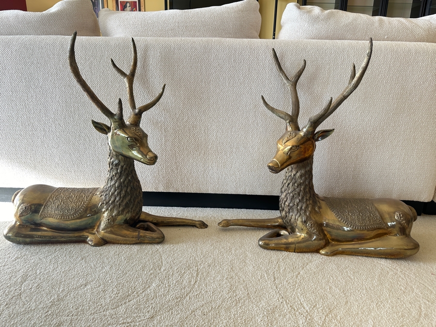 Pair Of Vintage 1970s Large Solid Brass Seated Deer Sculptures Statues 28W X 8D X 27H [Photo 3]