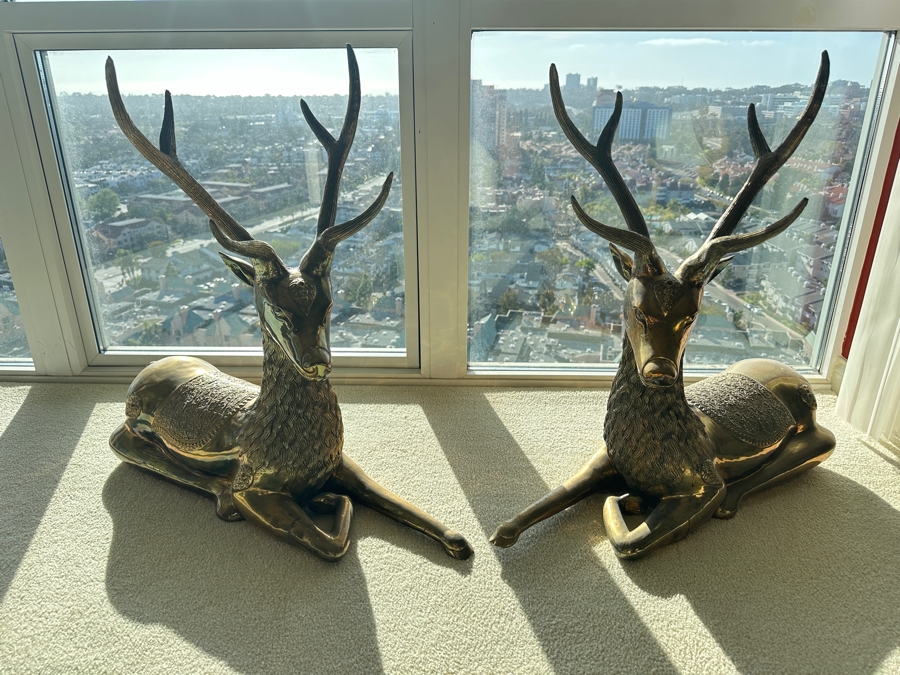 Pair Of Vintage 1970s Large Solid Brass Seated Deer Sculptures Statues 28W X 8D X 27H [Photo 2]