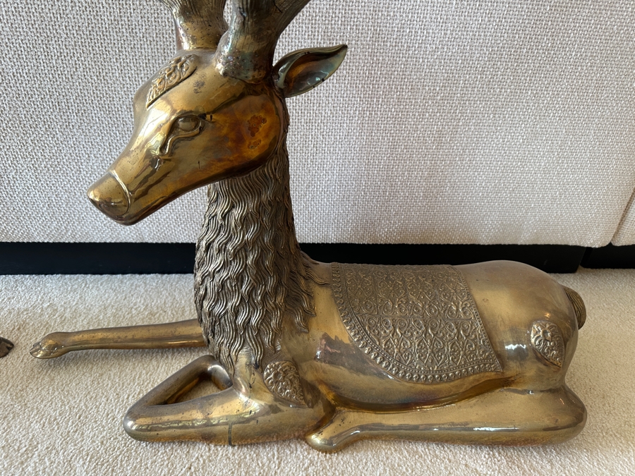 Pair Of Vintage 1970s Large Solid Brass Seated Deer Sculptures Statues 28W X 8D X 27H [Photo 5]